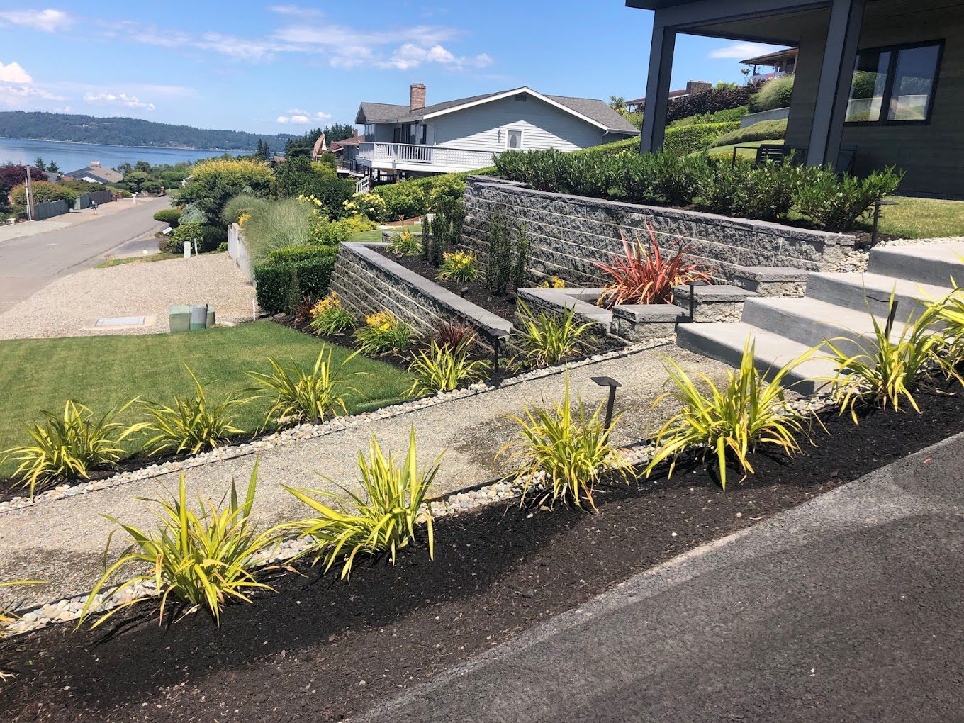 outside of a house with well maintained lawn and flower bed